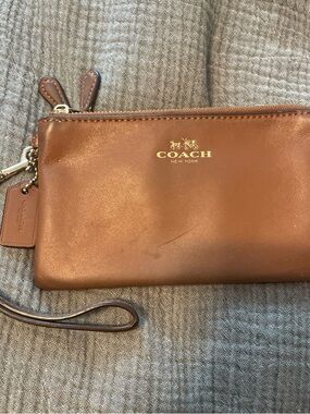 Coach Tan Leather Wristlet with Gold Logo